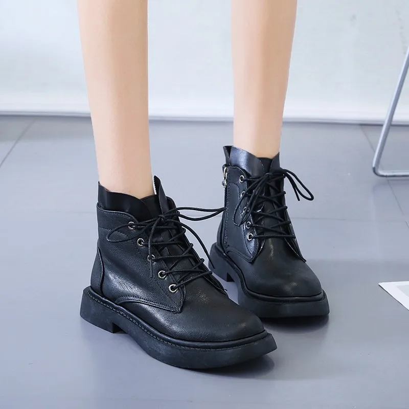

2019 New Fashion Women's Snow Boots Winter Lace Up Ladies Solid Color Martin Boots Short Plus Velvet Warm Cotton Shoes