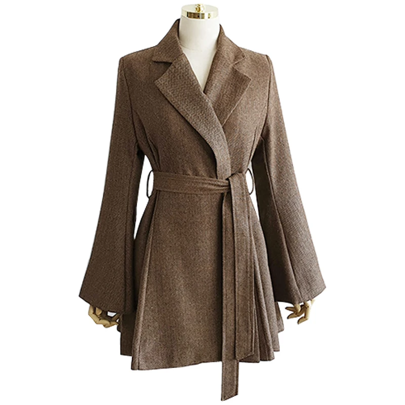 Модная женская куртка с зубчатым воротником, офисный Женский приталенный шерстяной Блейзер с поясом и расклешенными рукавами
