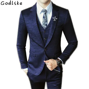 

Arrival Custom made Navy Blue Tailcoat Men Suit Set Dress Slim Wedding Suits Mens gray Groom Tuxedos( jacket+Pants+vest)