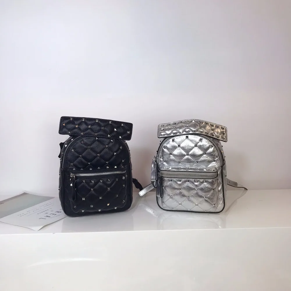 

Kafunila 2018 famous brand rivet designer mini backpack women genuine leather ladies backpack silver luxury student school bags