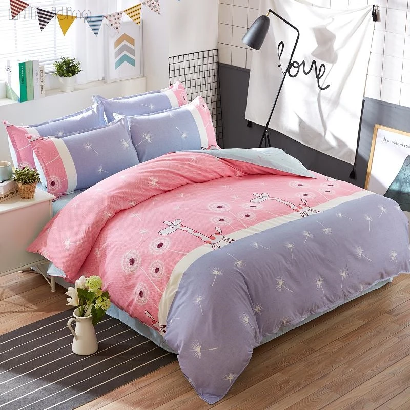 

Children Cartoon Cute Pink Giraffe Printing Bedding Sets Dandelion Flowers Bed Sheet Cotton BedLinen Duvet Cover Pillowcase King