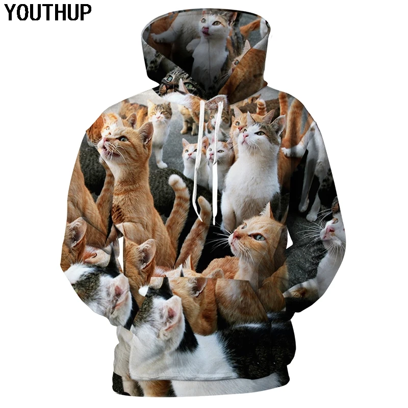 YOUTHUP New Autumn Hoodies Men 3d Hoodies Cat Group Print Long Sleeve