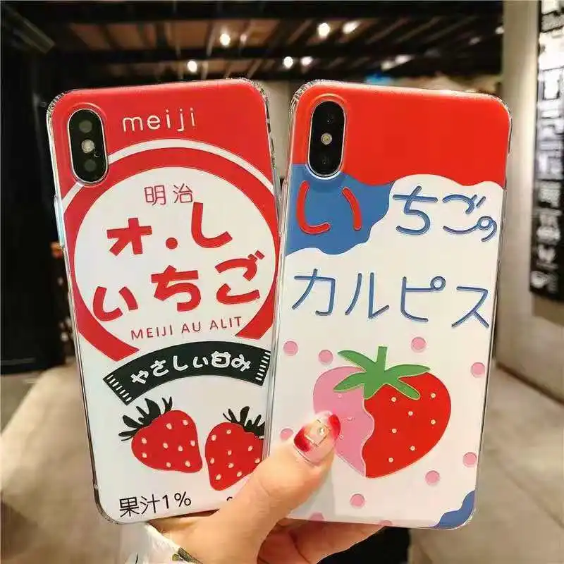 

Japanese Meiji Strawberry Juice Mobile Shell for iPhoneX XS MAX Pink Strawberry Scrub Soft Back Cover for iPhone 6 7 8plus Case.