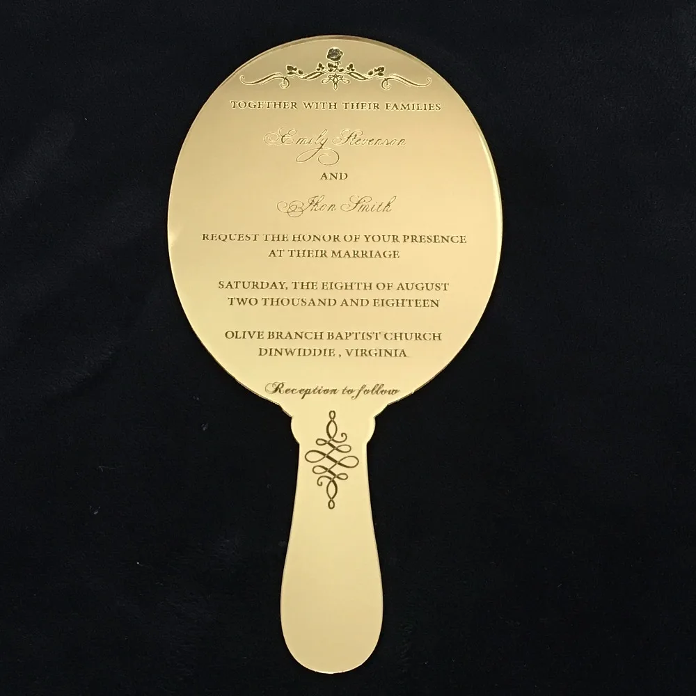

Personalised Vintage Hand Held Mirror Shape Golden Mirror Acrylic Wedding Invitation Card/Party Invitation Card 100pcs Per Lot