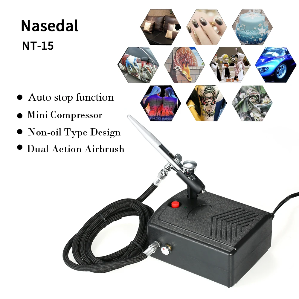 

Nasedal 0.2mm Airbrush Compressor Auto Stop and Start Function 2cc Dual Action Air Brush Spray gun for Makeup Nail Tattoo