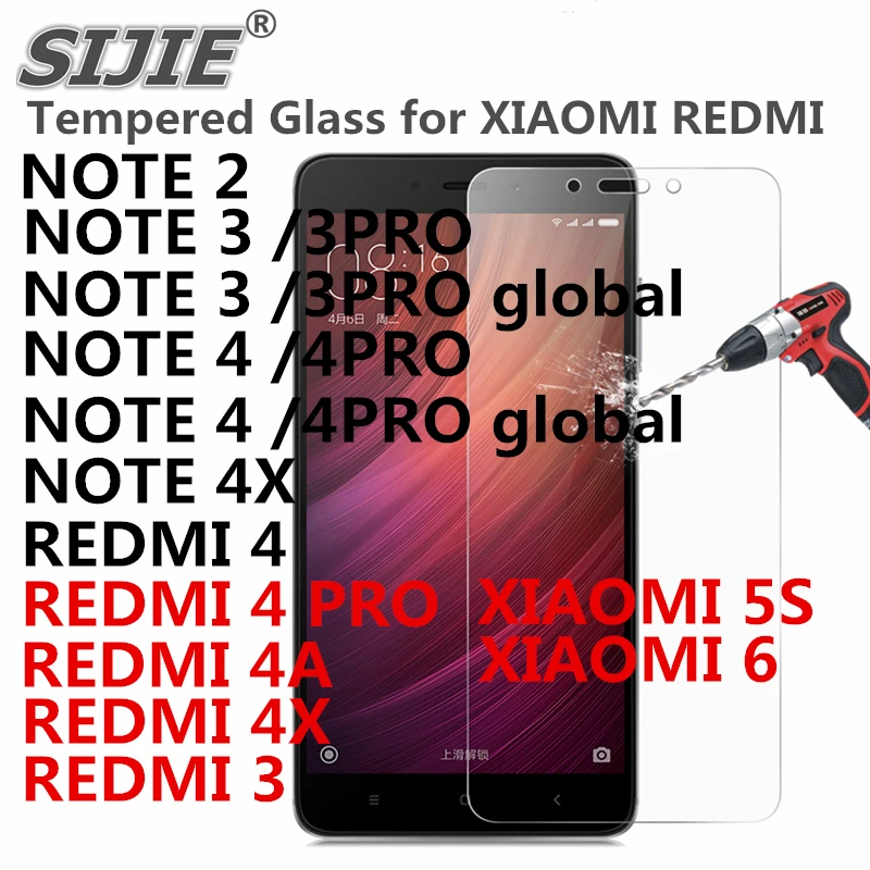 

SIJIE Tempered Glass For xiaomi redmi note 2 3 4 4X PRO prime 4A 5S 6 global version International MI5S MI6 Screen protective SE