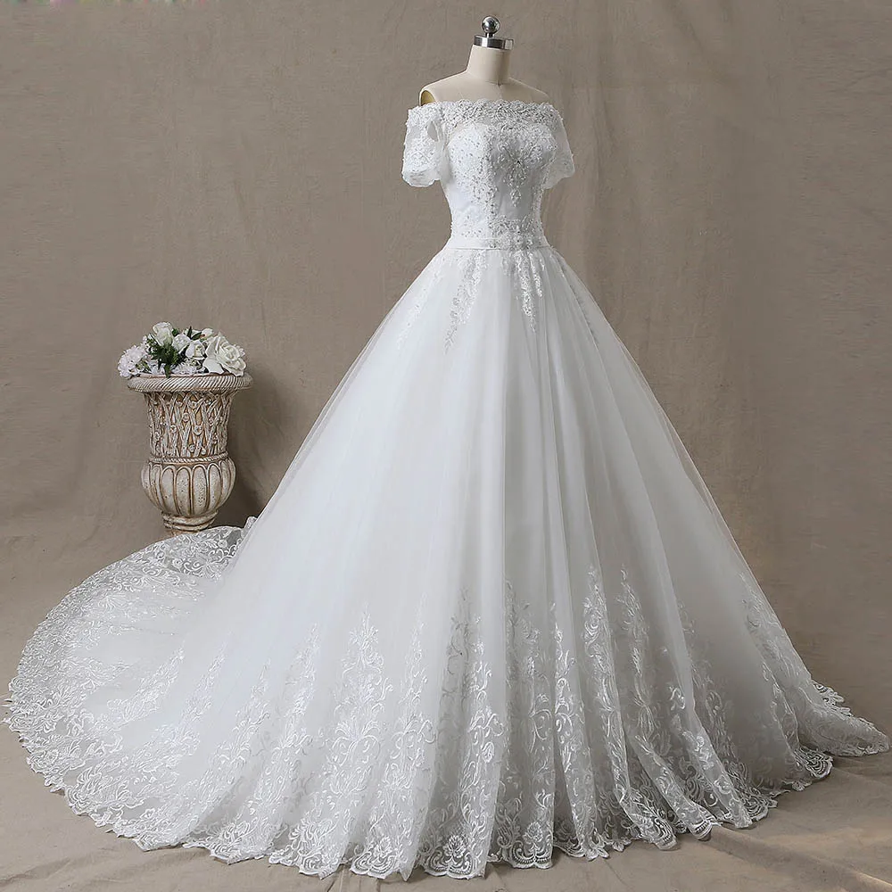 SL-5T свадебное платье с вырезом лодочкой и коротким рукавом роскошное кружевное SL-5-1-1