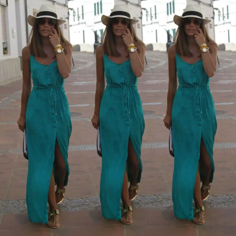 Женское однотонное платье без рукавов на пуговицах, синее модное Бандажное длинное платье макси с длинным рукавом, Вечернее Летнее пляжное платье