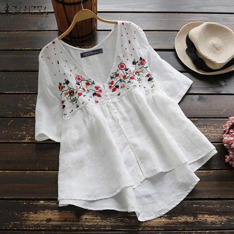 Летняя рубашка ZANZEA с v-образным вырезом и коротким рукавом, Женская винтажная блузка с вышивкой, Женская Цветочная блуза, Повседневная хлопковая льняная блузка