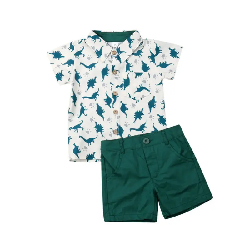 

2019 Toddler Infant Kids Baby Boys Clothes Set Summer Dinosaur Short Sleeve Tops Gentleman Shirt Shorts Clothing Outfit 2PCs