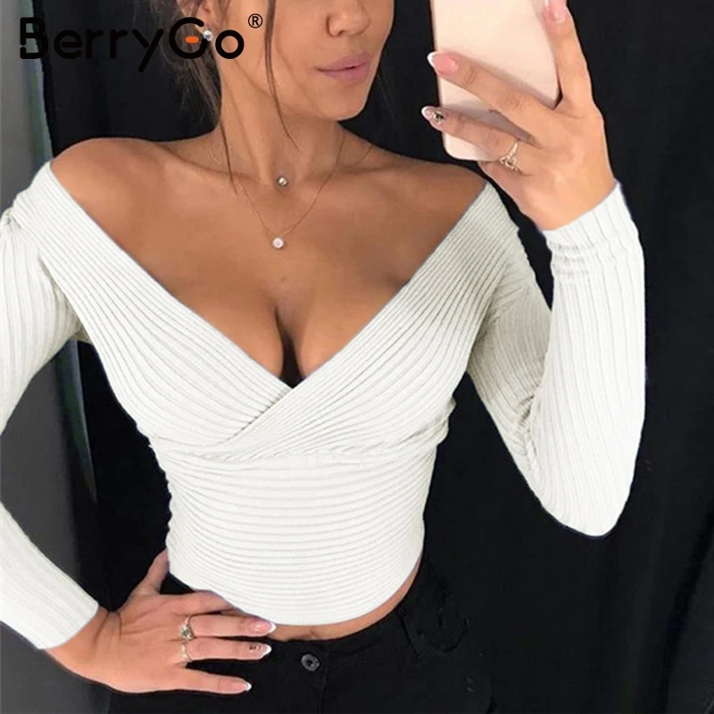 

BerryGo Sexy v-neck off shoulder bodycon blouse women Knitted shirt blouse top ladies Elegant long sleeve blouse shirt top femme
