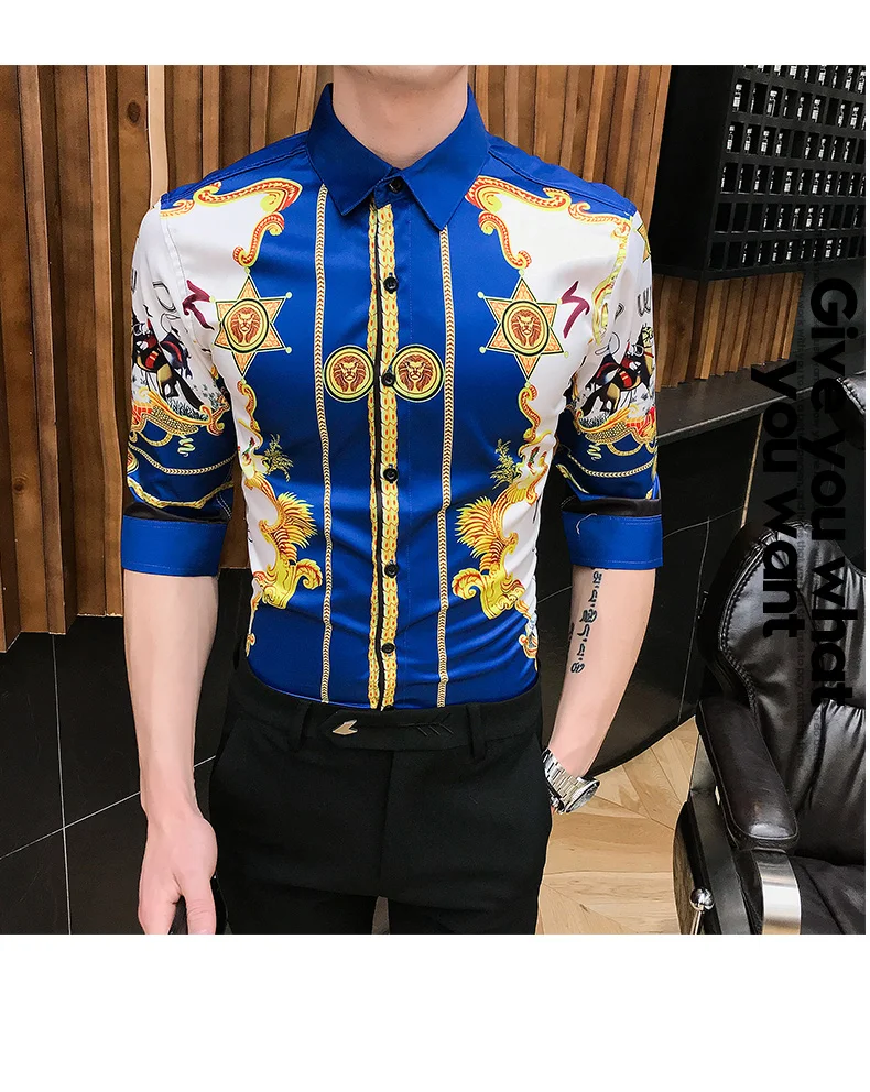 High Quality Fashion Summer Slim Fit Dress Shirts Male Half Sleeve Print Hairstylist Work Shirt Man New Pattern Tuxedo Shirt Men