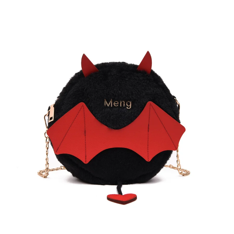 

Fun Cute Bat Wings Little Devil Round Crossbody Bag Women Messenger Bags Chain Plush Purse Bags Pu Leather Ladies Shouler Bag