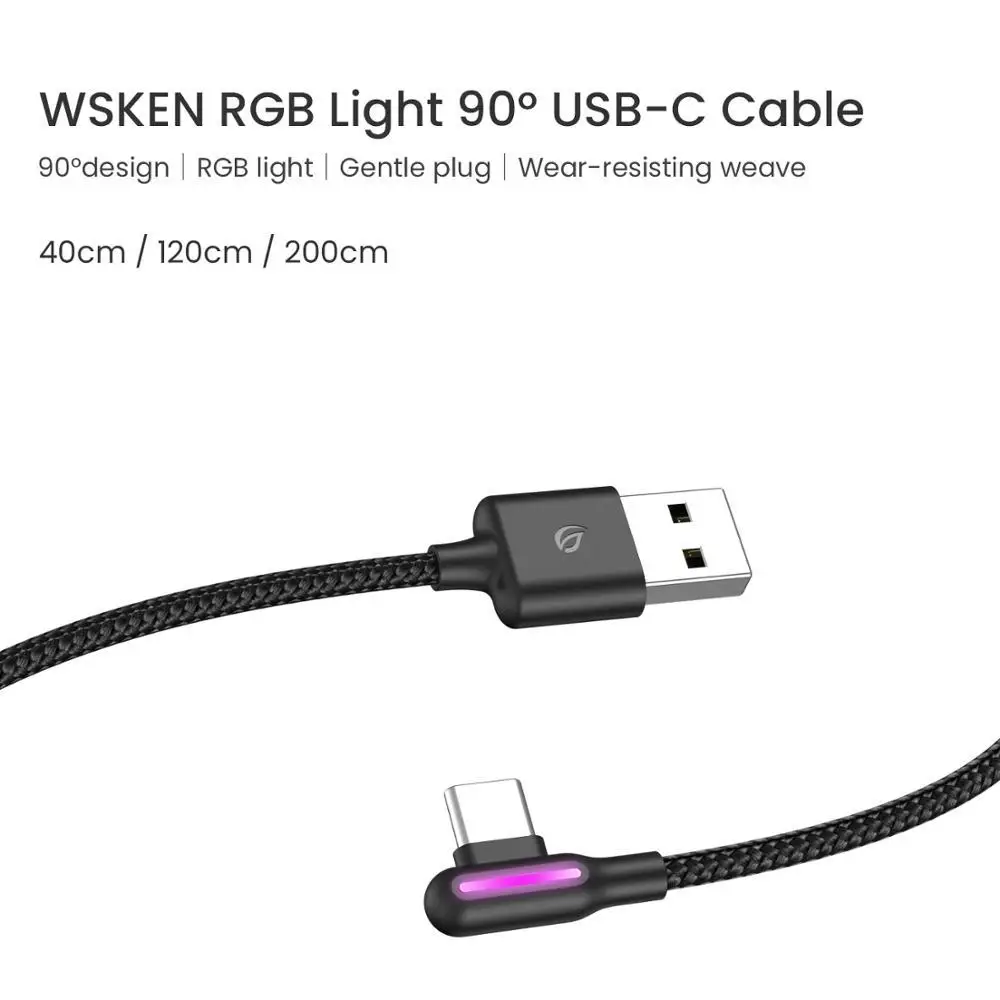 Wsken дышащий светодиодный кабель usb type-C 90 градусов 3 a кабель для быстрой зарядки и передачи данных usb-c для устройств samsung Xiaomi type-c