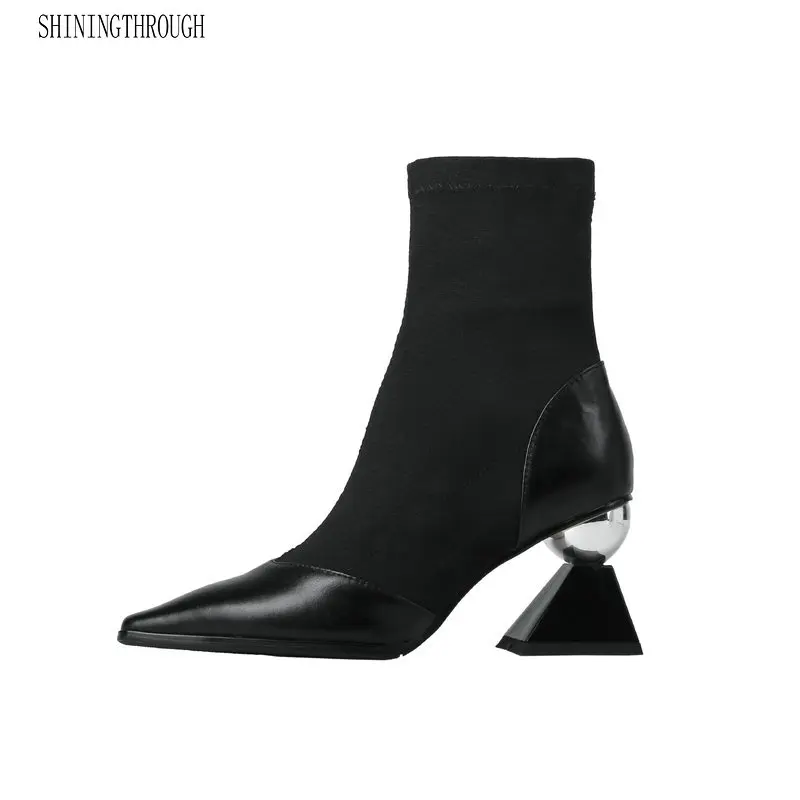 

Women Ankle Boots high Heels poined toe genuine leather stretch fabric Ladies Shoes Woman Elegant Office Ladies dress Boots