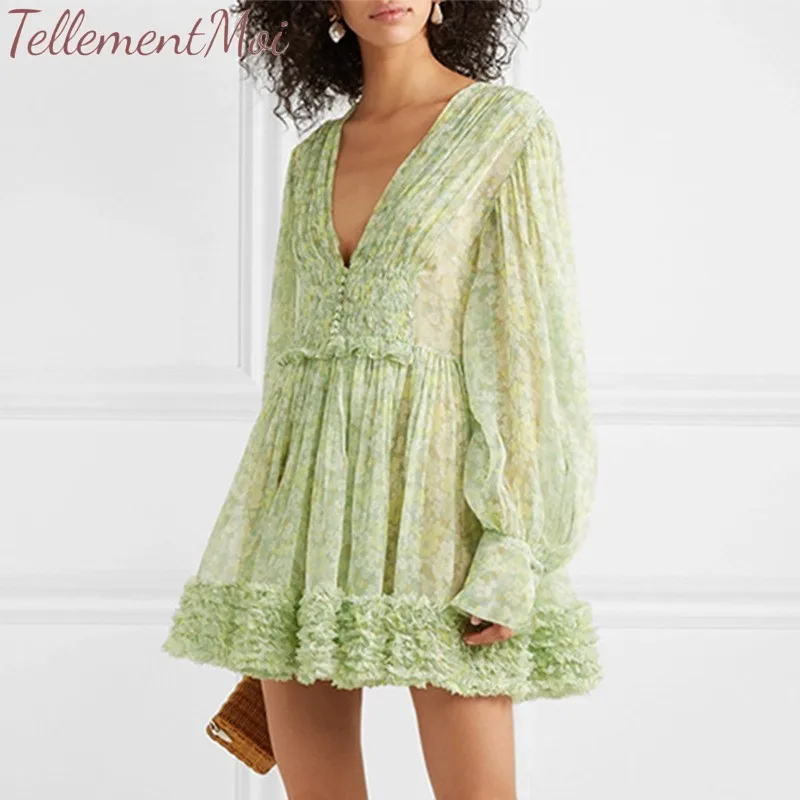 

Women Dress Deep V Neck Lantern Long Sleeve Dresses Floral Print Boho Party Beach Mini Dress Casual Summer 2019 New