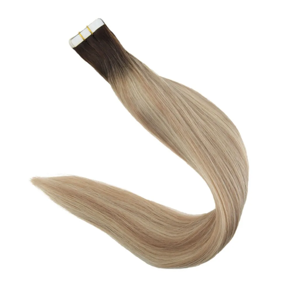 Full Shine Tape In Hair Extensions 50g 20pcs Glue On Balyayage Color 100% Human Hair Extensions Adhesive machine made remy