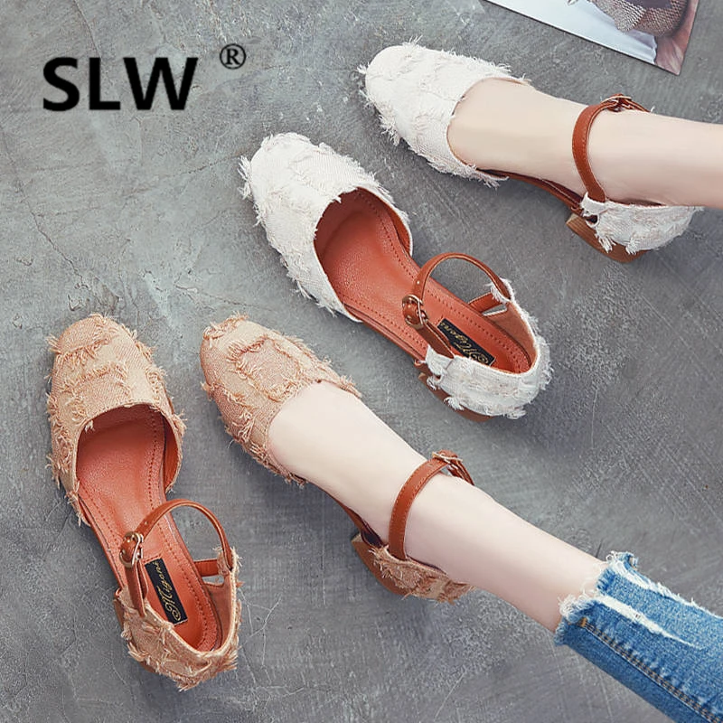 

korean style Strappy sandals Solid Color block heel shoes all match tip binding soulier femme strappy heels zomer schoenen