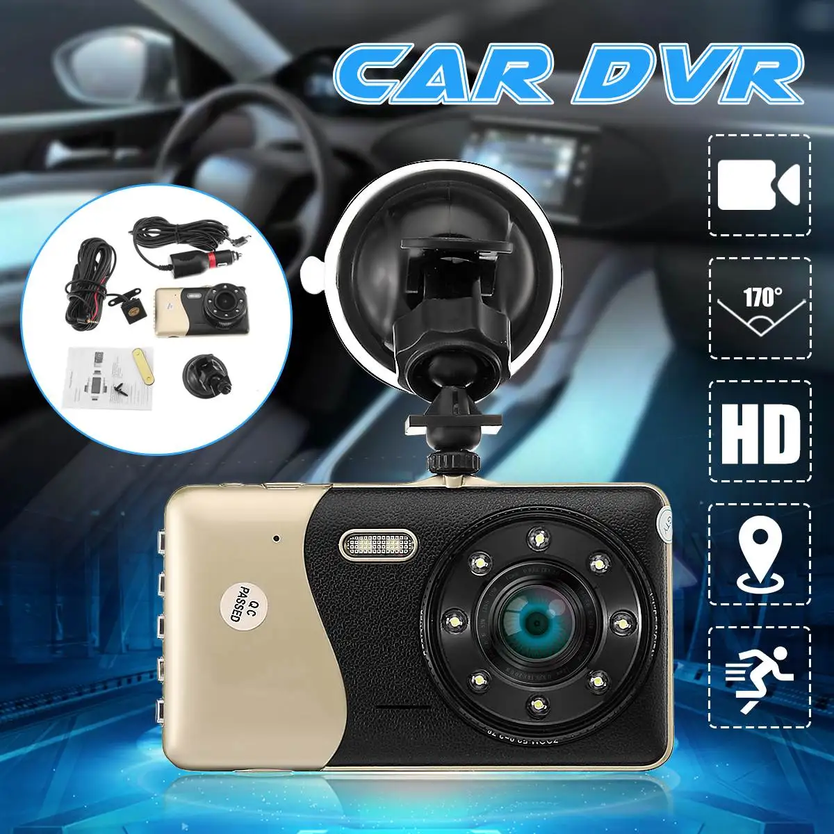 

4Inch HD Dash Cam 170 Wide Angle Dual Lens Car DVR G-Sensor Recorder Night Vision Loop Recording Motion Detection Microphone