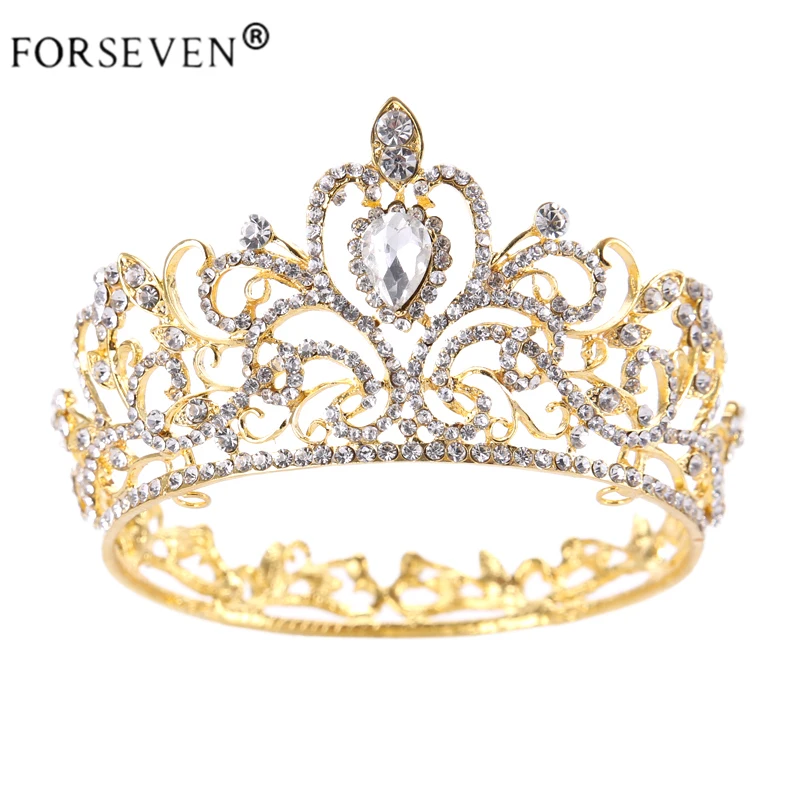 

Vintage Gold Round Crystal Tiara Baroque Rhinestones Princess Queen Crown For Bride Hair Accessories Wedding Crown Hair Jewelry