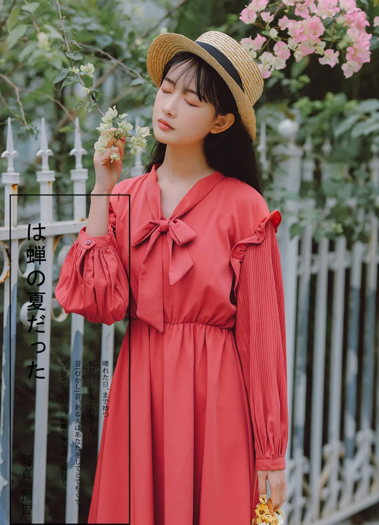 

Plus Size Neck Tie Bow Sexy V-neck Long Sleeve Spring Autumn Patchwork Ruffles Midi Long Chiffon Dress Women Ladies Vintage Club