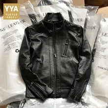 Лидирующий бренд, Мужская облегающая байкерская куртка из натуральной кожи с крокодиловым узором, пальто со стоячим воротником, Непродуваемые куртки для мотоциклистов