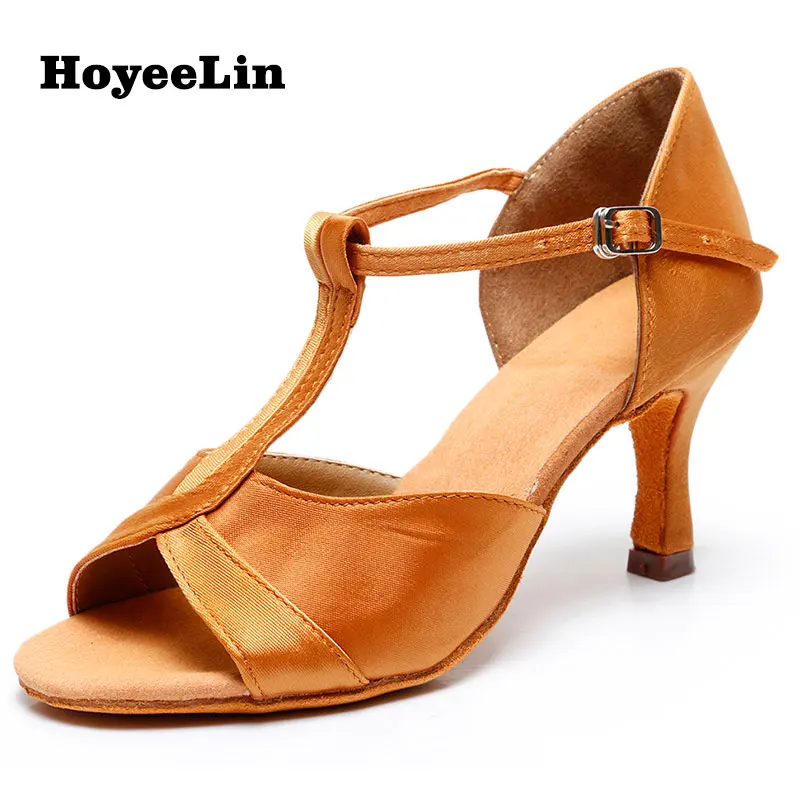 

HoYeeLin Latin Dance Shoes Women Lady Ballroom Party Heels Open Toe Satin Salsa Rumba Dancing Shoes Heeled 5.5cm/7cm Black/Brown