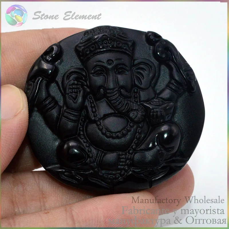 

Natural Stone Black Obsidian Carving Ganesha Pendants With Rope 50mm