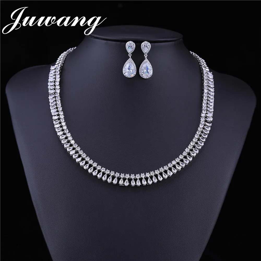JUWANG, красные роскошные женские свадебные ожерелья, серьги, кольцо ювелирные изделия для невесты, набор, серебристый цвет ААА, циркон, кристалл, Подарок на годовщину - Metal color: style 7