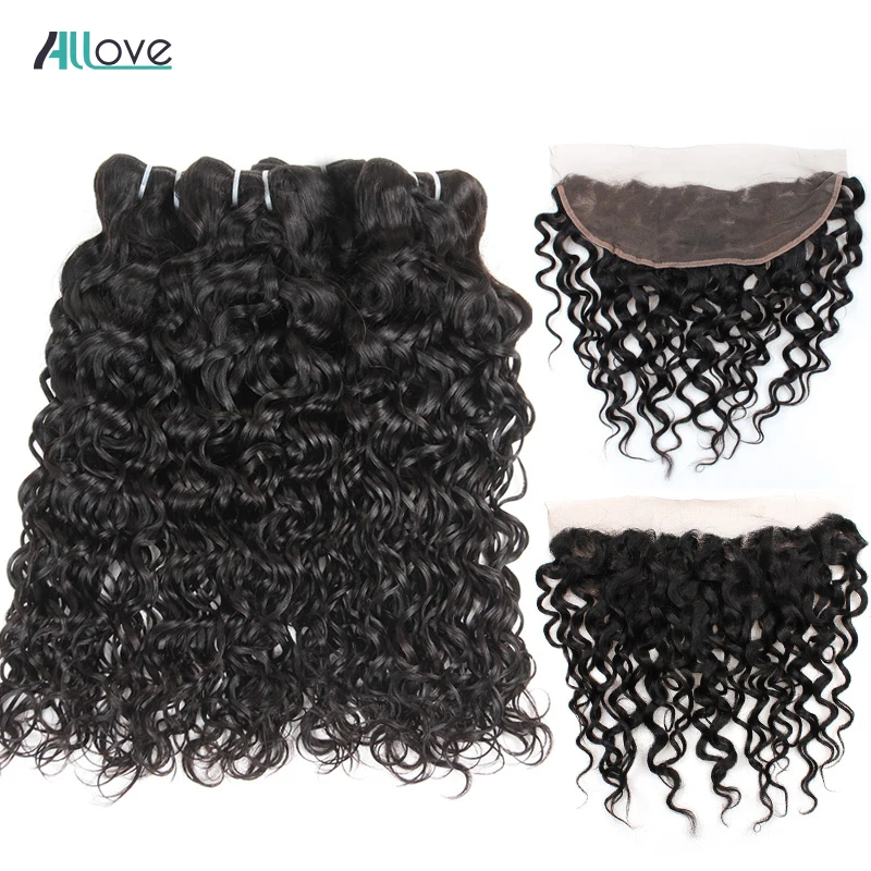 

Allove 3Pcs Mongolian Water Wave Bundles With Frontal Non Remy Human Hair 13X4Inch Pre Plucked Lace Frontal Closure With Bundles