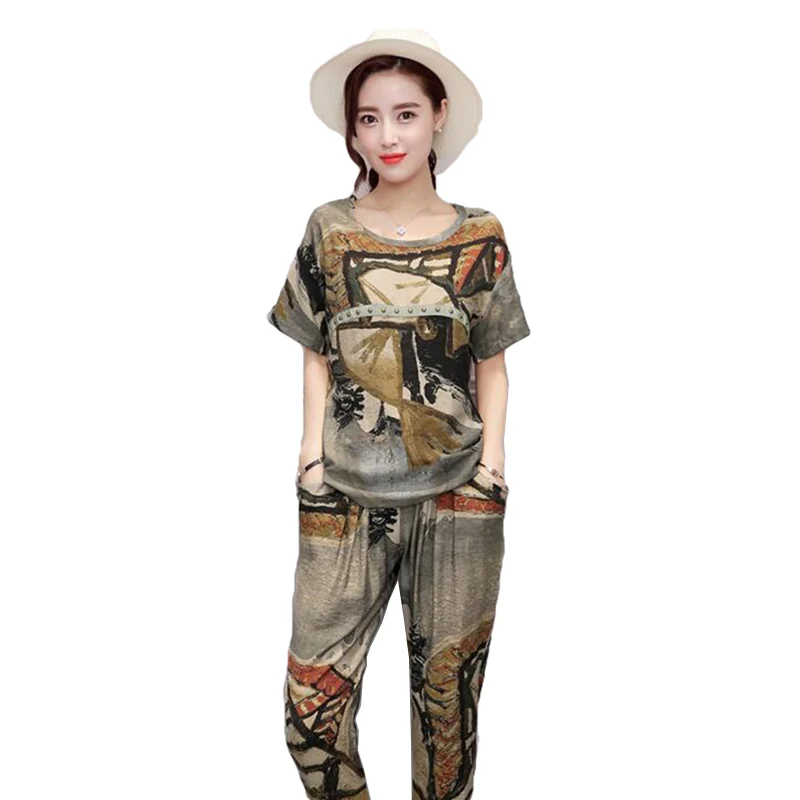 

Summer Large size 2Piece Suit Sportswear Women Printing Sets Printing Cotton Linen2 Piece Sets Women Tracksuit Sets Two Piece