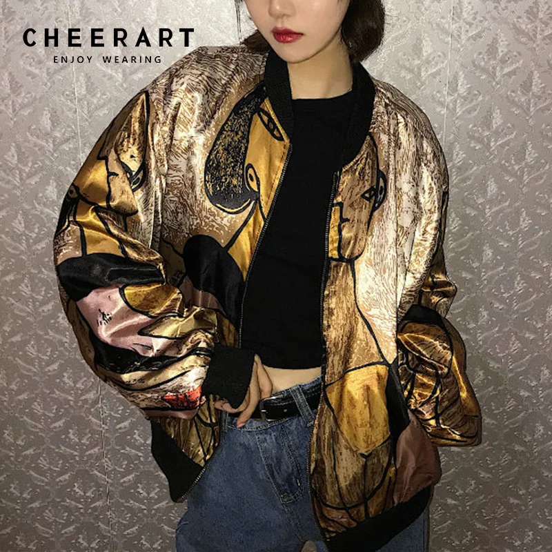 Ideal Cheerart Harajuku Gold Jacket Print Satin Jacket Loose Designer Coats Glitter Thin Baseball Jacket