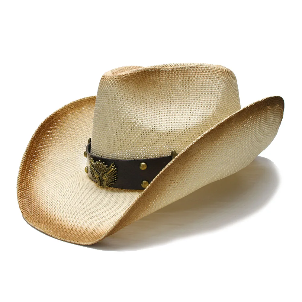 

Retro Style Suncha Women's Men's Summer Straw Wide Brim Beach Western Cowgirl Fedora Cowboy Hat Two Guns Leather Band 58cm