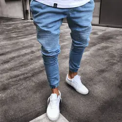 2018 хип-хоп синий байкерские джинсы Для мужчин модные эластичные ботильоны объединились Дизайн джинсы брюки Для мужчин s Slim Fit хлопковые