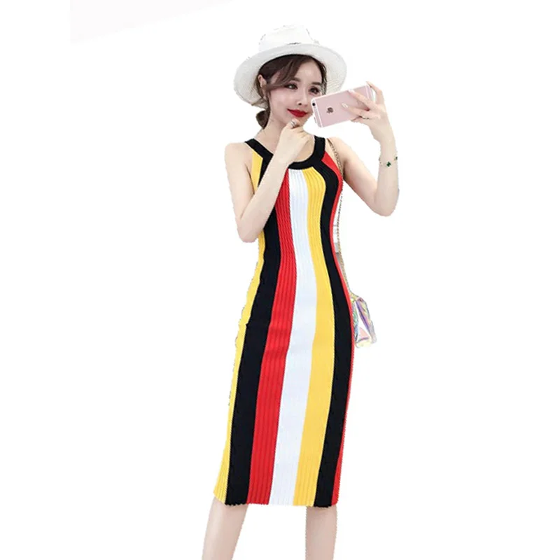 

Women Fashion Striped Stretch Dress 2019 Autumn Sleeveless Hanging Neck Slim Sweater Dress Knitted Elegant Bodycon Dress Robe