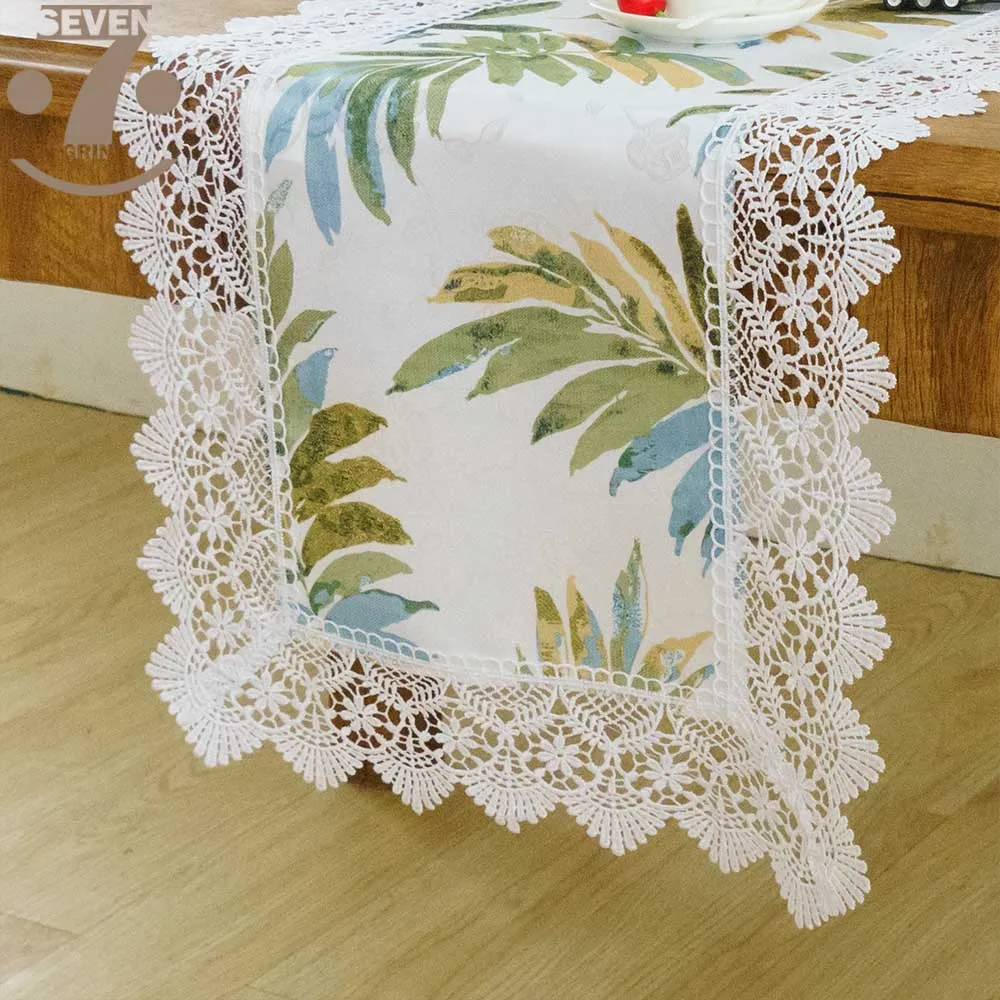 

Free Shipping Dining Banquet Birthday Festival Luxury White Embroidered Border Decorative Green Leaves Table Runner