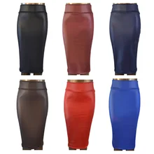 free shipping women office skirt high waist faux leather pencil skirt black sexy elastic below knee