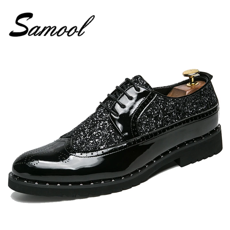 

Men Oxfords European Gold/Black Brogue Shoes Brand Stars Carved Bullock Shiny Leather Shoes Platform Male Flats Brogues px5
