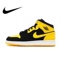 Nike Air Jordan 1 Mid AJ1 оригинальные аутентичные черный желтый Джо Мужская баскетбольная обувь кроссовки уличные Нескользящие Deisnger спортивные