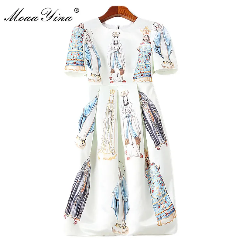 

MoaaYina Fashion Designer Runway Dress Spring Summer Women's Puff Sleeve Madonna Printed Vacation Party Ball Gown Slim Dress