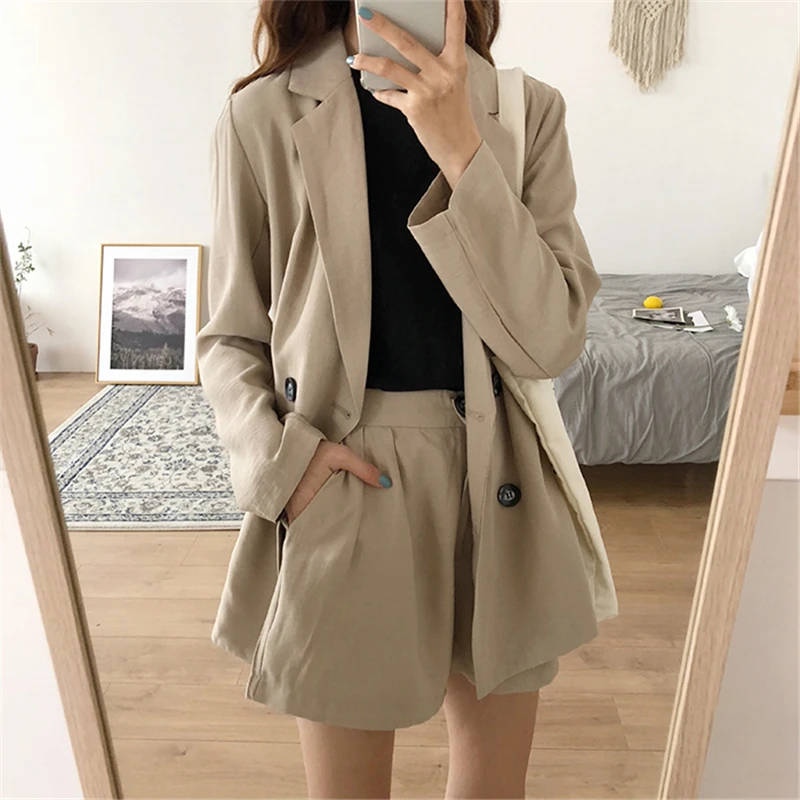 Hzirip Women Autumn Simple Office Suit Sets Solid Suit Short Pants Blazer Double Breasted Jacket&Trouser Work Lady 2 Pieces set Hzirip Women Autumn Simple Office Suit Sets Solid Suit Short Pants Blazer Double Breasted Jacket&Trouser Work Lady 2 Pieces set