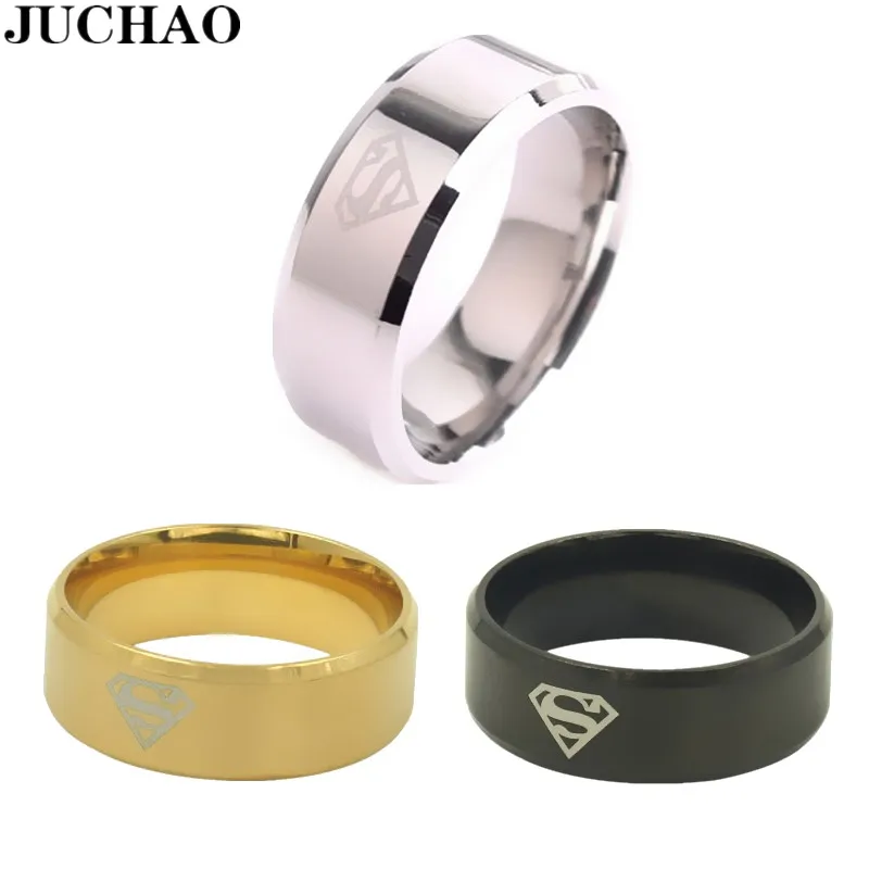 

JUCHAO Fashion Gold Silver Black Rings Stainless Steel Men Superman Ring 2019
