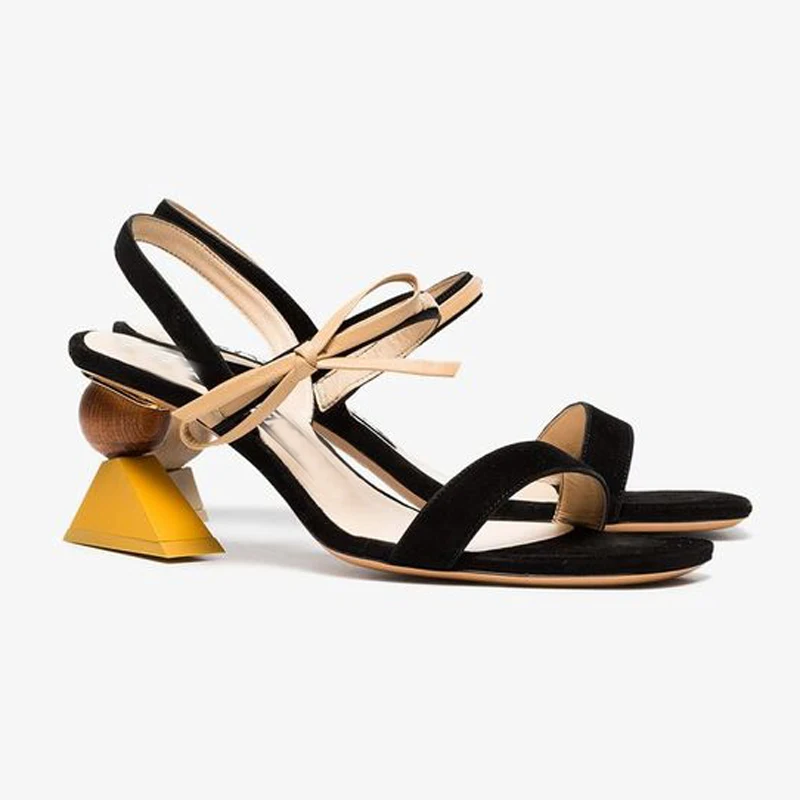 

European and American style round ball triangle asymmetric blocks heel shoes bowknot genuine leather high heel sexy women's shoe