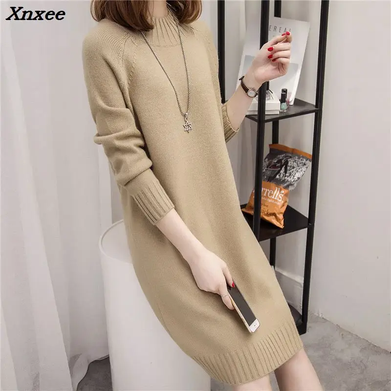 Autumn Winter Women Long Sweater 2018 New Loose Half Turtleneck Long Sleeve Knit Pullover Sweater Female Casual Large Size Xnxee