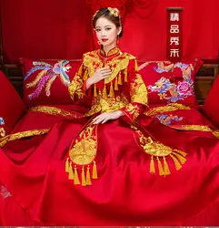 2018 красный Qi Pao вышивка Cheongsam невесты традиционные свадебное платье длинные для женщин Мода китайский Атлас платья для современное Ципао
