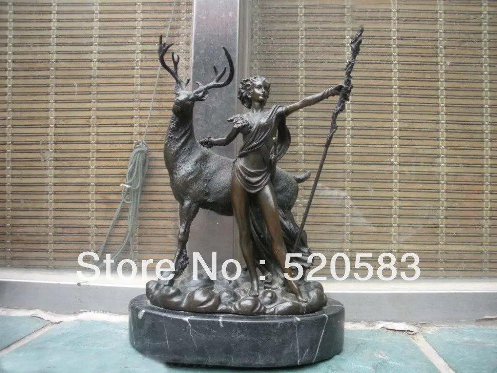 

Western 100%Bronze Marble Art beauty Hunter and deer hunter statue