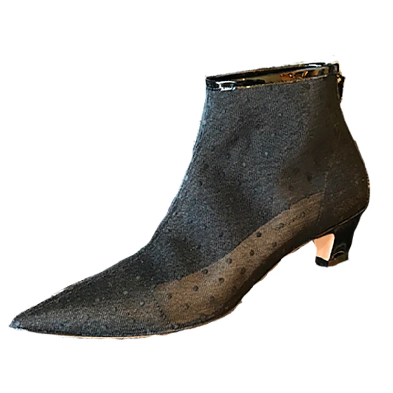 

2018 Spring And Summer New Floating Pattern Jacquard Breathable Mesh Yarn Kitten With Pointed Temperament Stiletto Boots Female