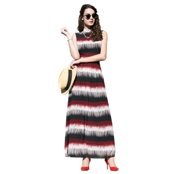 

DF S-XXXL Vintage Chiffon Stand Collar Printed Women Maxi Party Dress Plus Size Summer Beach Sleeveless Summer Long Dresses