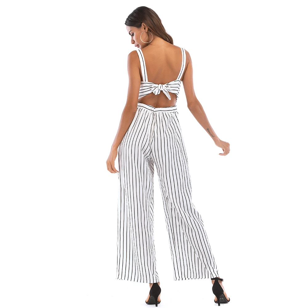 

Elegant Striped Wide Leg Jumpsuit Women Sashes Backless White Bandage Jumpsuit Summer Office Lady Lace Up Overalls Streetwear
