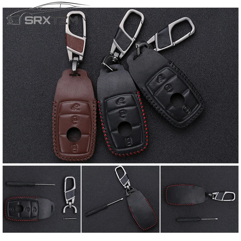 

SRXTZM 1pcs New Genuine Leather Car Key Case key Chain Ring Cover Car Styling For Mercedes Benz New E Class E200 E260 E300 E320